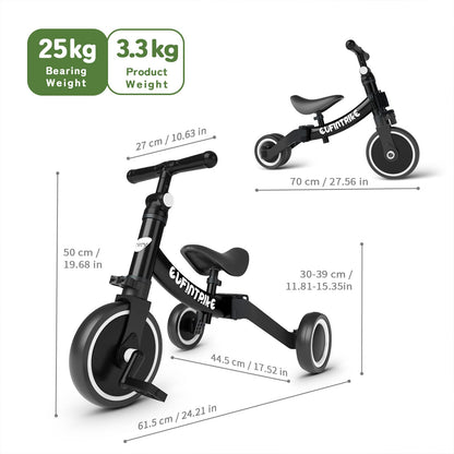 Besrey 5 în 1: Bicicletă de echilibru, Trotinetă pentru copii, Tricicletă, Bicicletă de învățare pentru copii de la 1 la 4 ani (Negru)