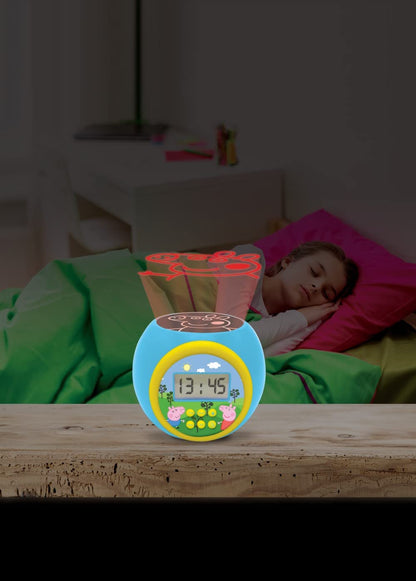 Ceas deșteptător Lexibook cu proiector Peppa Pig, funcție de repetare și alarmă, lumină de noapte cu temporizator, ecran LCD, baterie, albastru/galben LEXIB