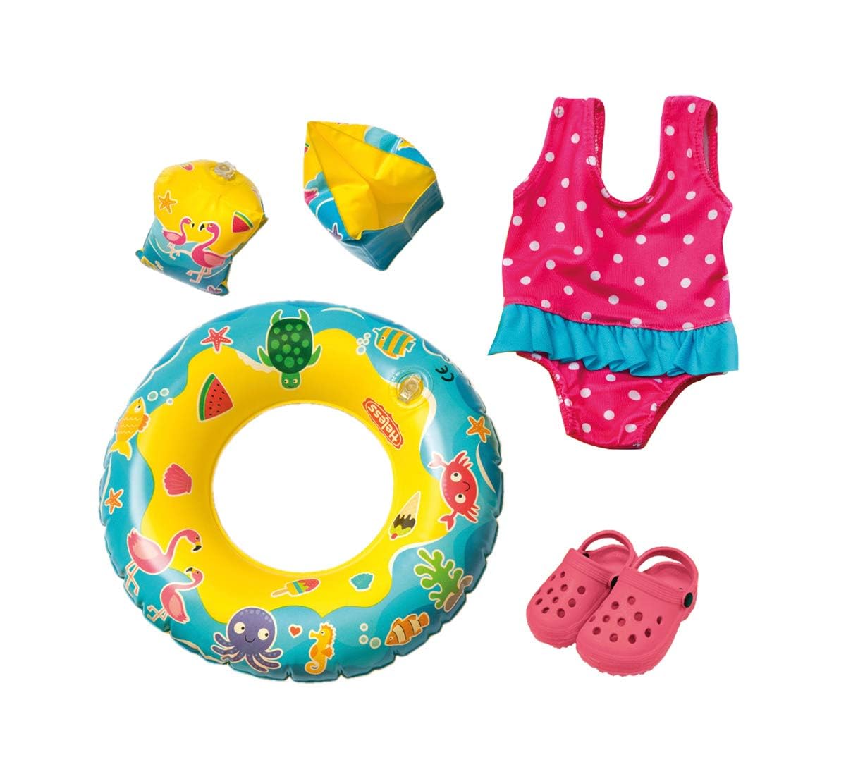 Heless 88 - Set de înot pentru păpuși, costum de baie, clogs, inel și aripi de înot cu motive amuzante, dimensiune păpușă 35 - 45 cm, distracție la baie în zilele călduroase de vară.