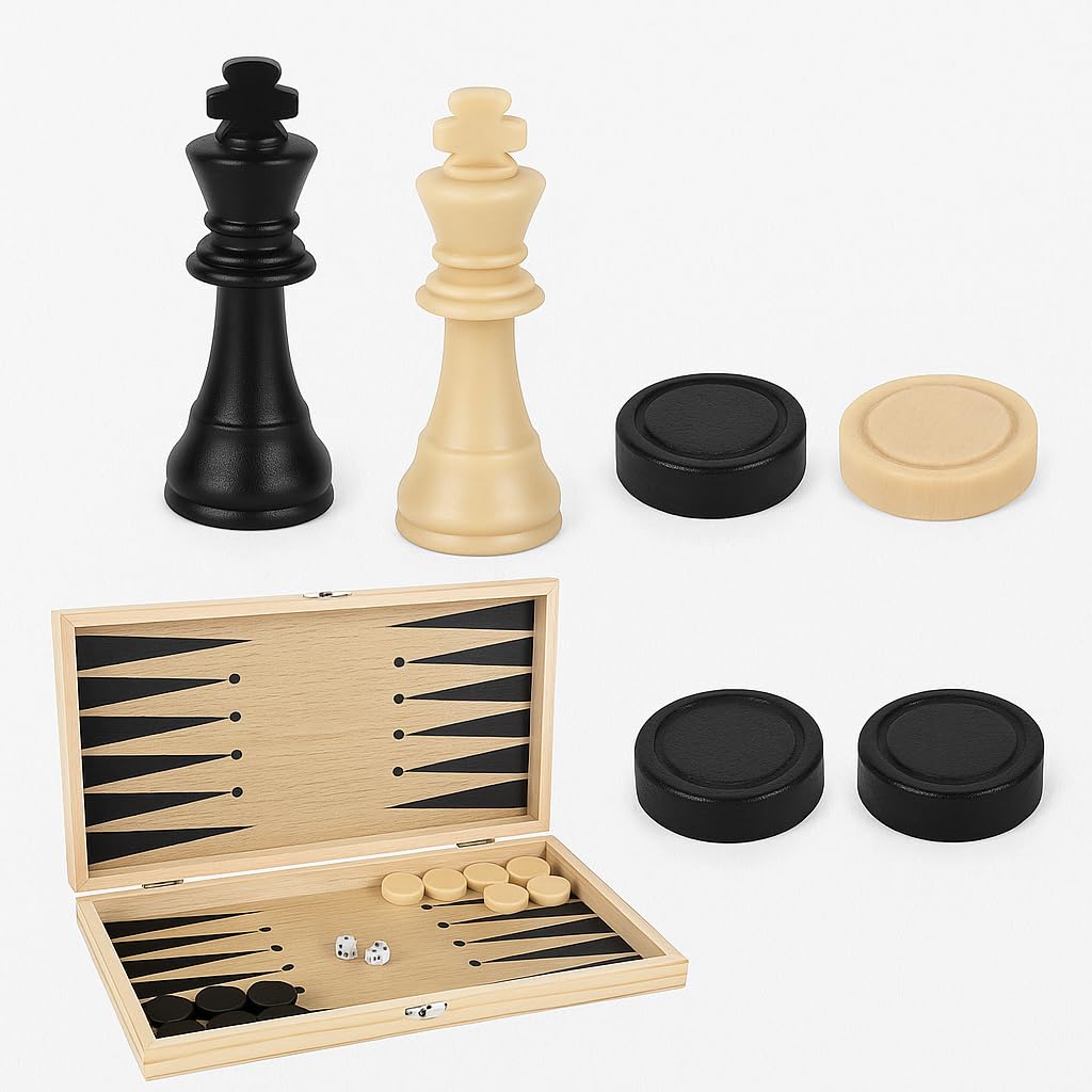Globly Set Șah Dame Backgammon 3 în 1, lemn pliabil