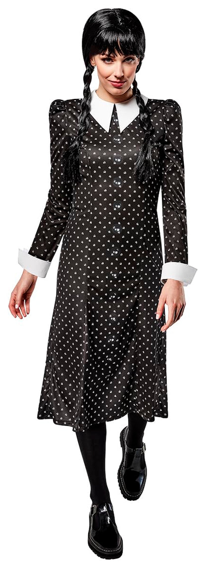 Rubies Wednesday Addams Costum pentru femei Rochie lungă imprimată cu guler oficial Wednesday Addams pentru Halloween, Carnaval și Cosplay