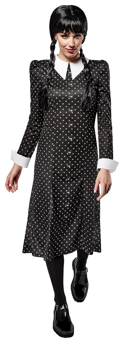 Rubies Wednesday Addams Costum pentru femei Rochie lungă imprimată cu guler oficial Wednesday Addams pentru Halloween, Carnaval și Cosplay
