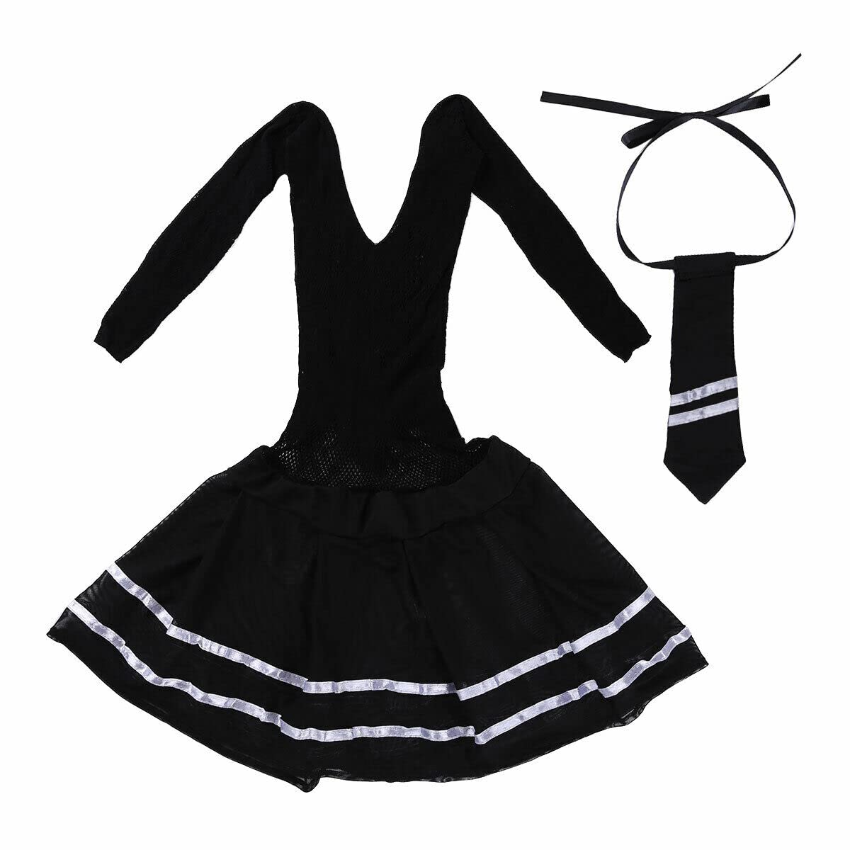 ROSVAY Rochie Lenjerie Cosplay Uniformă Școlăriță Sexy din Dantelă Transparentă, Costum Studentă, Rochie Mini Babydoll Elastică Neagră