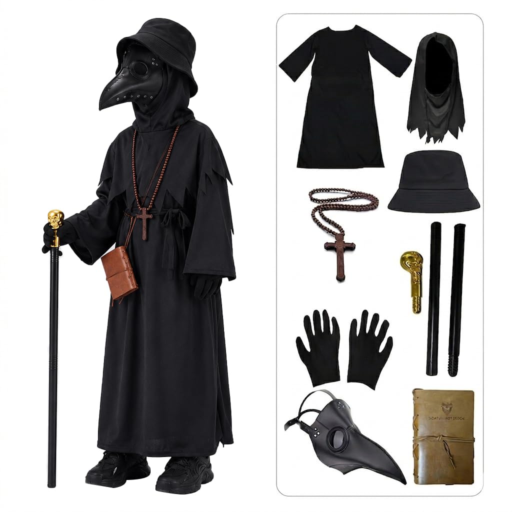 Lubolee Pestdoktor Set de costum pentru copii Halloween Carnaval 4-12 ani (negru)
