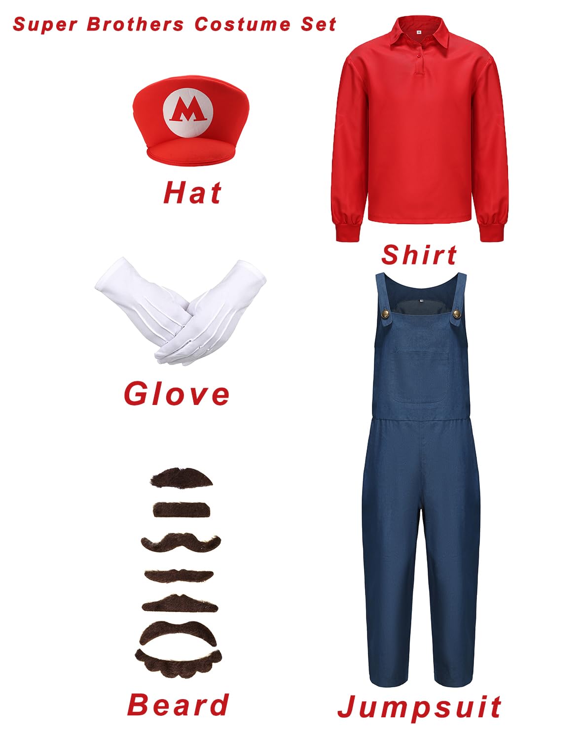 Costum Super Instalator pentru Bărbați Mrs. Claus - Costum de Carnaval, Halloween, Cosplay, Outfit Complet cu Cămașă, Pantaloni, Bart, Șapcă și Mânuși C044-S