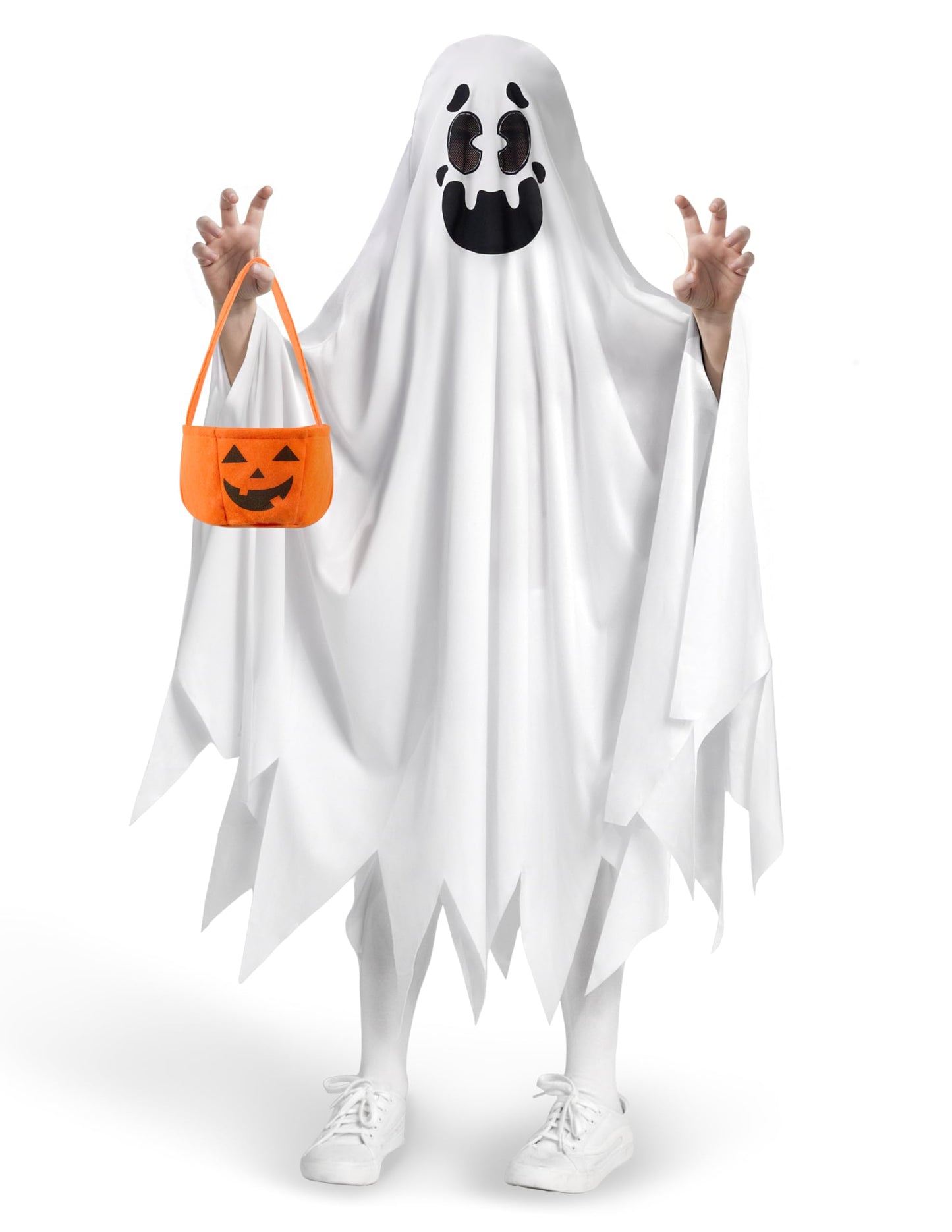 Costume de fantomă albe pentru copii, costum de Halloween cu zâmbet și fantomă Boo pentru Trick-or-Treating (X-Large 12-14 ani)