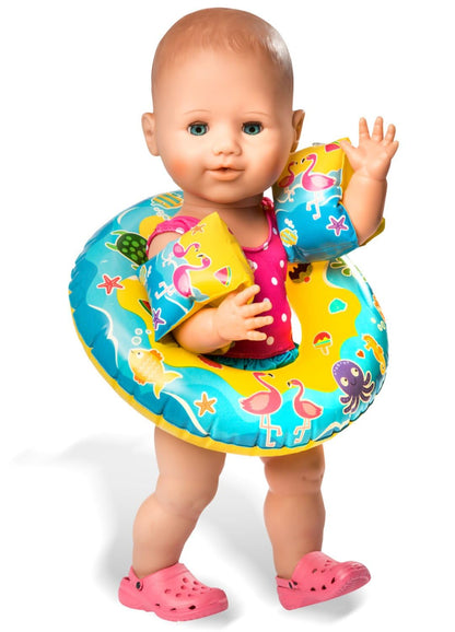 Heless 88 - Set de înot pentru păpuși, costum de baie, clogs, inel și aripi de înot cu motive amuzante, dimensiune păpușă 35 - 45 cm, distracție la baie în zilele călduroase de vară.