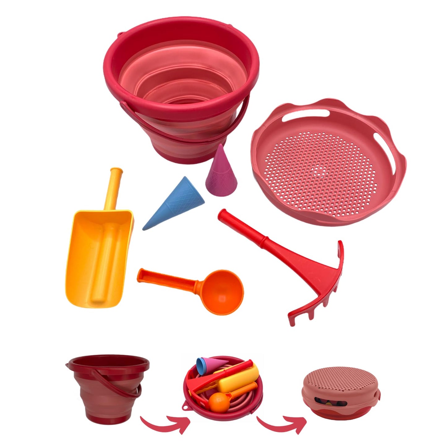 Set de Jucării de Nisip 7 în 1 Schildkröt, Inovator, Compact și Economisitor de Spațiu, Cub de 3 Litri Pliabil cu 6 Jucării de Nisip, 970245