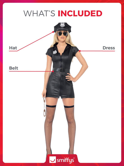 Costum de polițista corupta Smiffys Fever, negru, cu rochie, curea și pălărie.