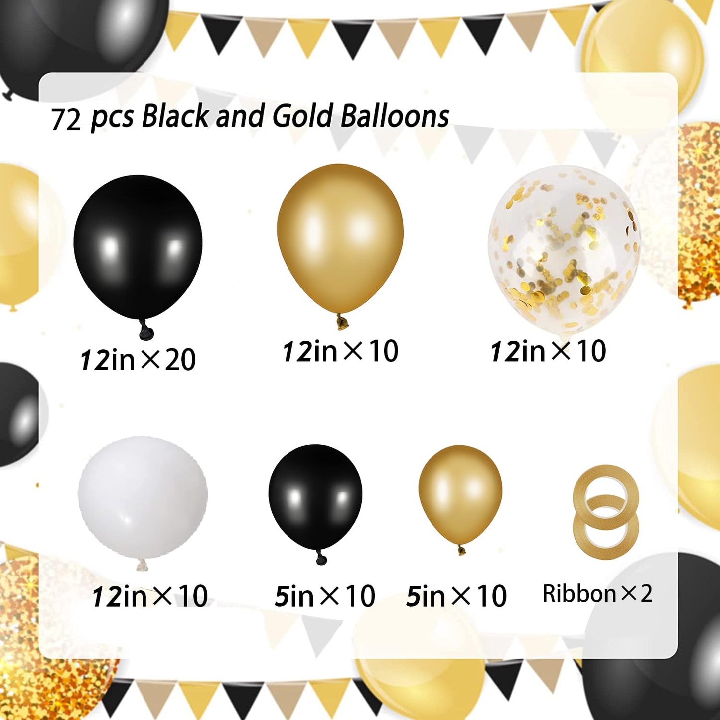 70 de bucăți baloane de latex negre și aurii, baloane cu heliu, baloane metalice cu confetti, pentru aniversări, nunți.