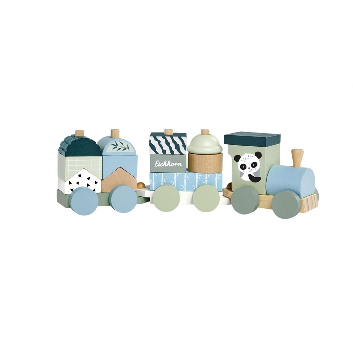 Eichhorn 7/100003804 Set tren din lemn cu 2 vagoane și 13 cuburi colorate, 16 piese, 29 cm, jucărie motricitate pentru copii de la 1 an (gri/bleu deschis)