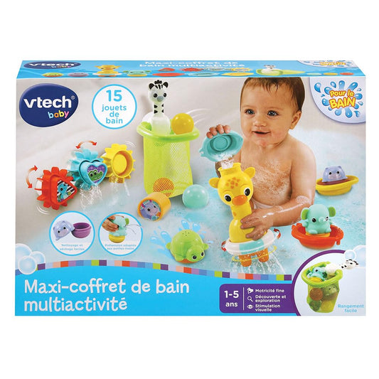 VTech Maxi-Badeset Set de joacă pentru baie cu 15 jucării, animale și bărci, 3 forme, 3 mingi, plasă de depozitare, cadou pentru copii de la 1 an (limba franceză)