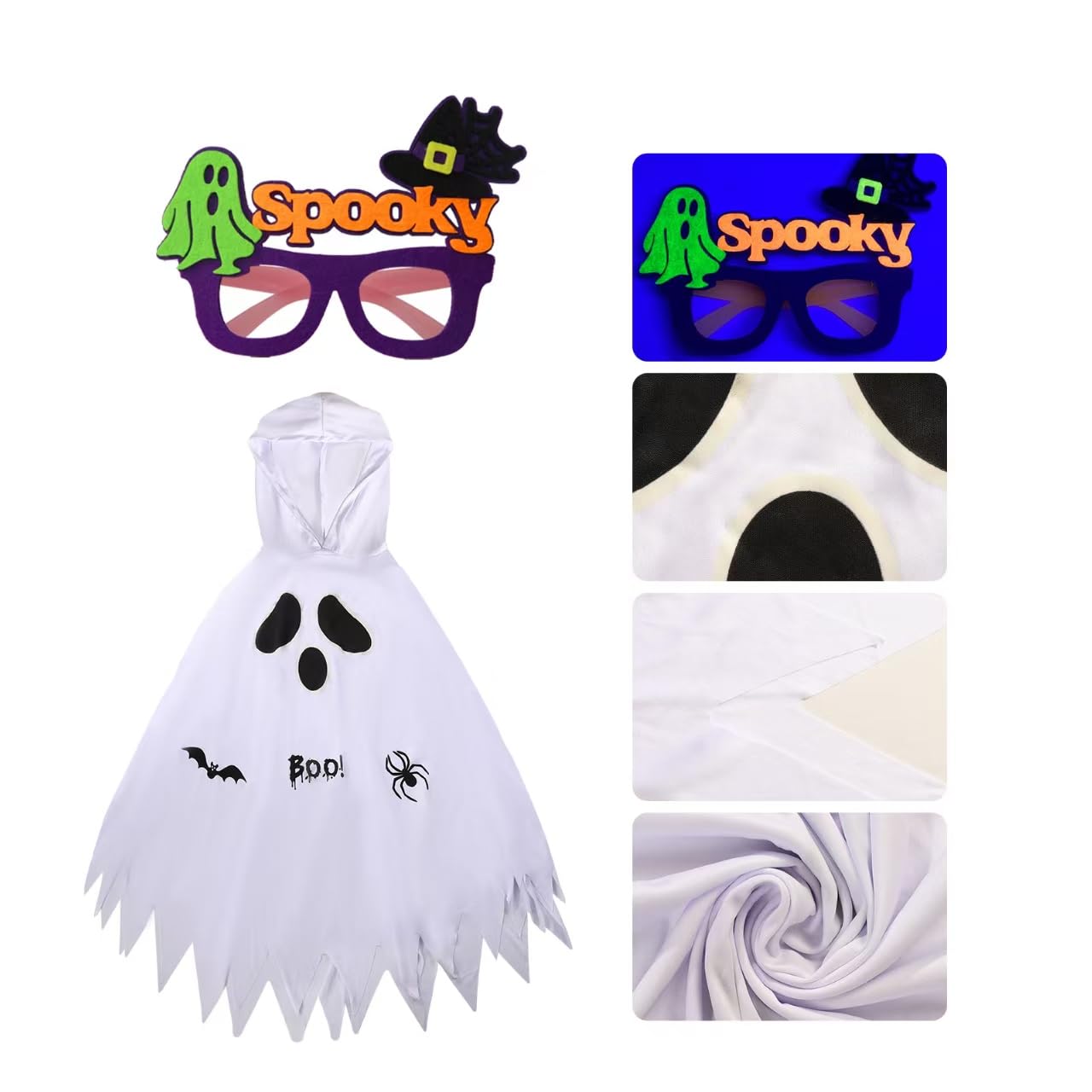 Costum de fantomă pentru copii Kinwers, alb, Halloween, cu ochelari luminoși, pentru înălțimi de 105-115 cm.