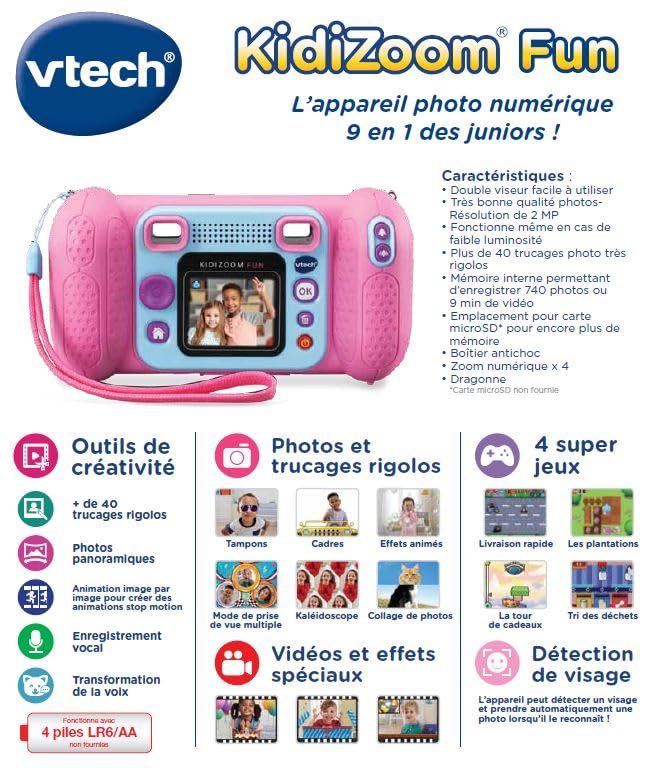 VTech KidiZoom Fun Rose - Cameră digitală pentru copii, 9 în 1, fotografii și videoclipuri, ecran color, filtre, rame și efecte amuzante, cadou pentru copii de la 3 la 10 ani.
