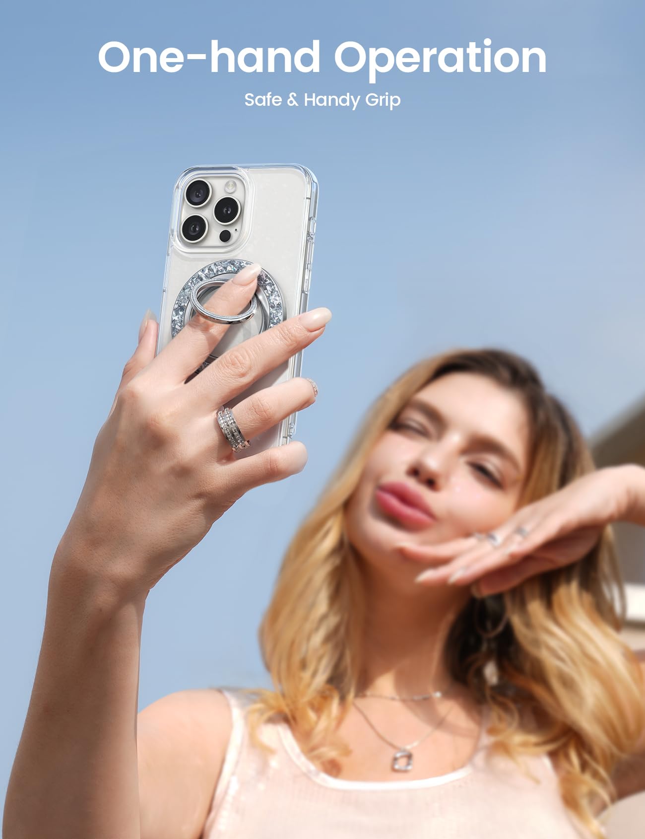 Suport Magnetic pentru Telefon Lamicall Bling pentru MagSafe - [Inel Strălucitor 2025] cu Rotire 360° pentru iPhone 17 16 15 14 13 Pro/Pro Max/Plus/Air, Alte Telefoane cu Inel Metalic - Argintiu