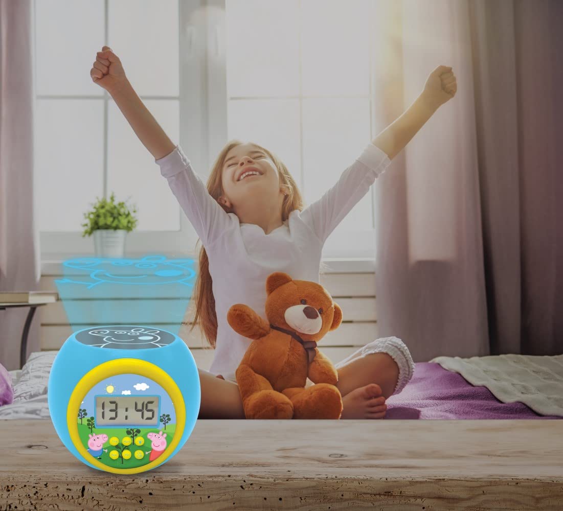 Ceas deșteptător Lexibook cu proiector Peppa Pig, funcție de repetare și alarmă, lumină de noapte cu temporizator, ecran LCD, baterie, albastru/galben LEXIB
