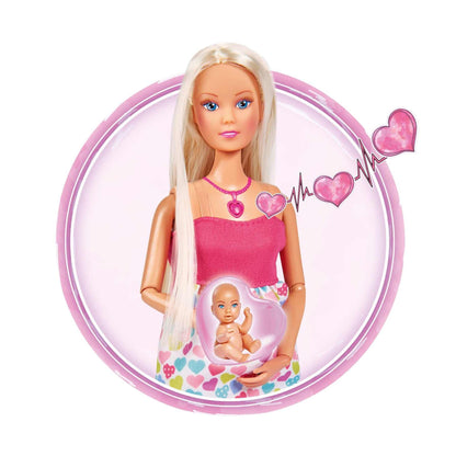 Simba 105733480 - Steffi Love Babyglück, păpușă gravidă cu bebeluș și sunete minunate, accesorii pentru bebeluși și scoică auto pentru bebeluși