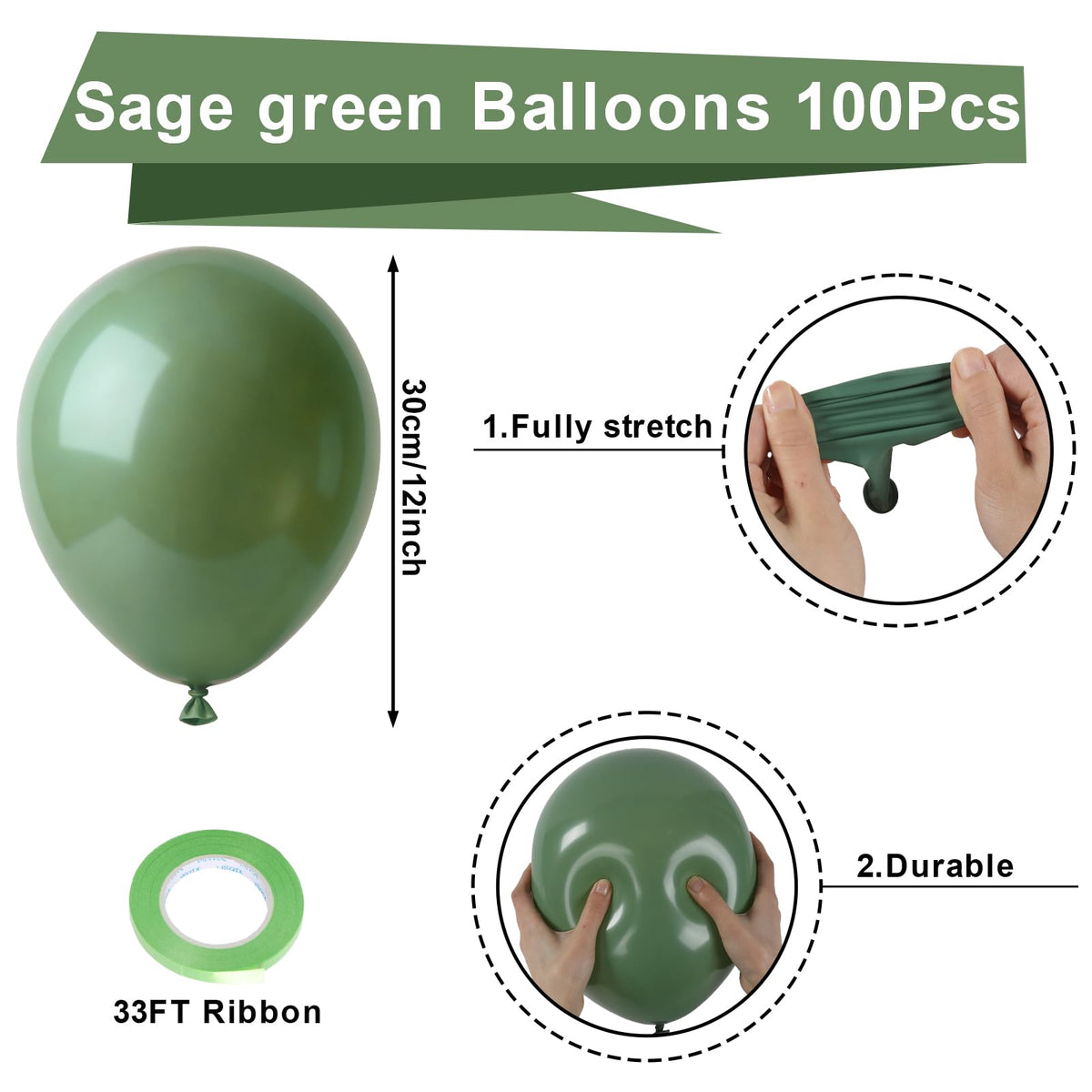 QIFU A7005-50 Set de baloane aniversare 100 piese verde salvie 12 inci