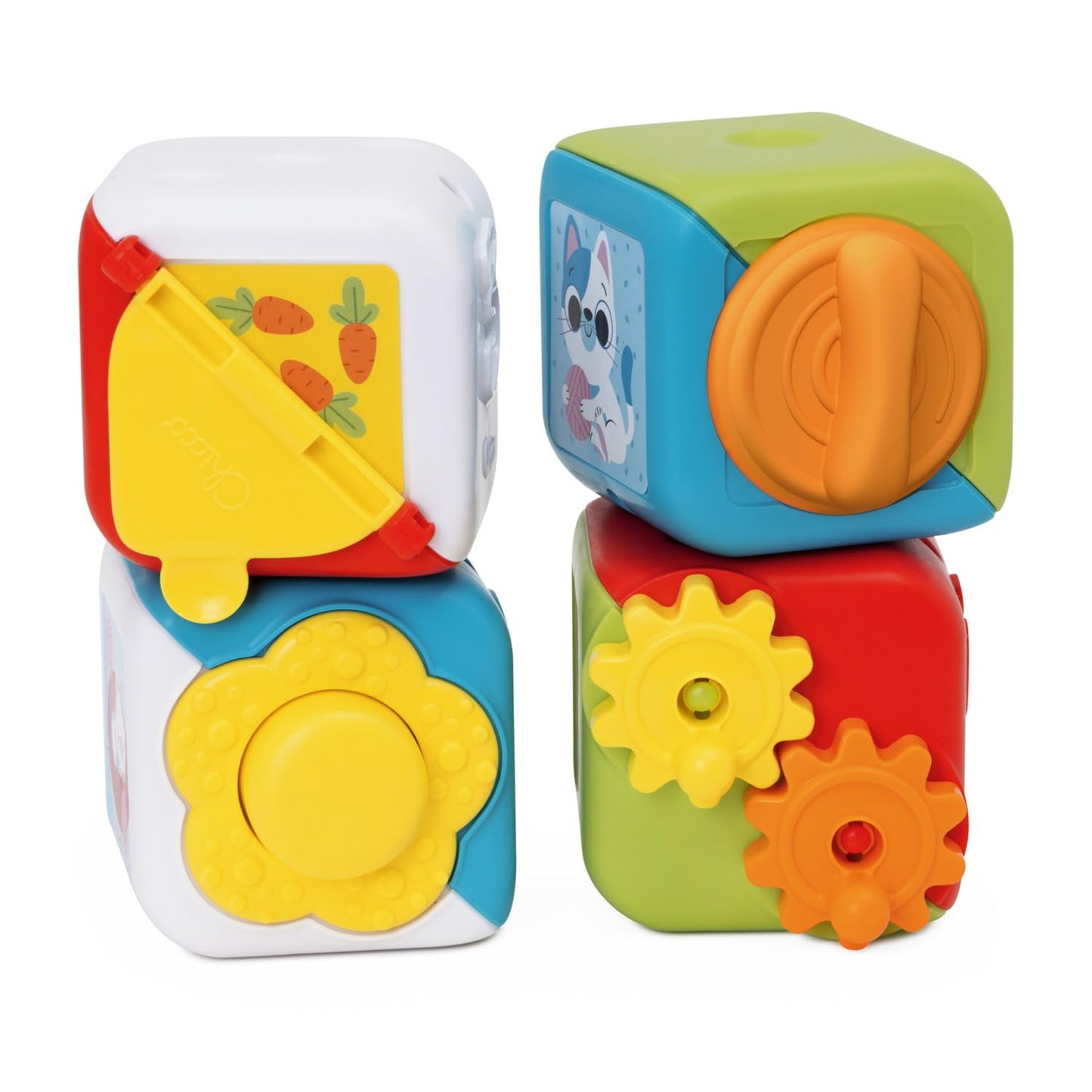 Cub multifuncțional 2 în 1 Chicco, set cu 4 blocuri colorate de animale, stivuite pentru distracție senzorială, activități manuale și logice, jucărie pentru copii 10-36 luni.