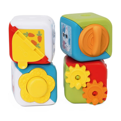 Cub multifuncțional 2 în 1 Chicco, set cu 4 blocuri colorate de animale, stivuite pentru distracție senzorială, activități manuale și logice, jucărie pentru copii 10-36 luni.