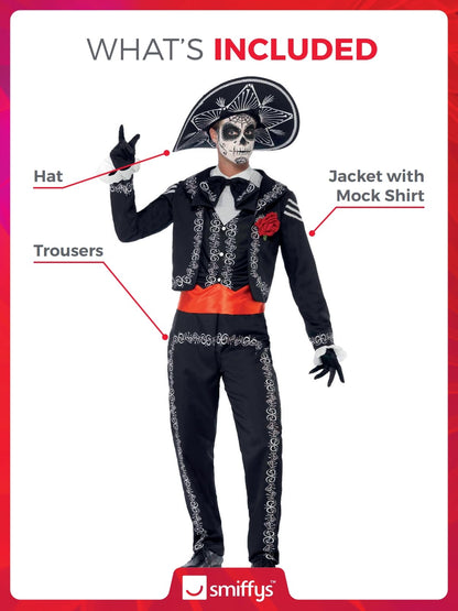 Smiffys Deluxe Senor Bones Costum Ziua Morților pentru Bărbați, Negru, Halloween și Carnaval
