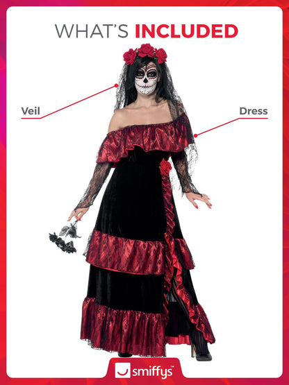 Smiffys Deluxe Costum de mireasă Ziua Morților, negru, Halloween și Carnaval