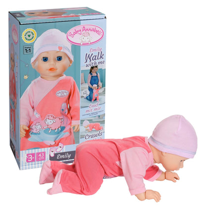 Baby Annabell Emily - Păpușă de mers și târât, 43 cm, cu sunete, salopetă roz și căciuliță, 710623 Zapf Creation