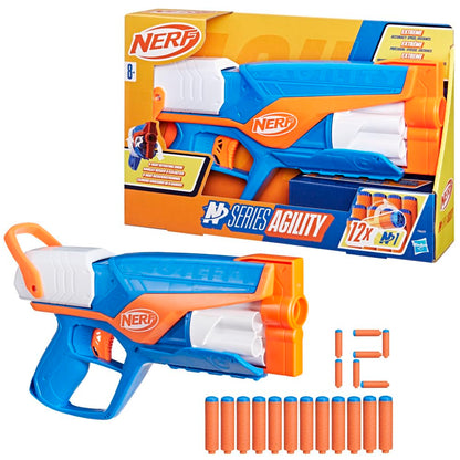 Blaster Nerf N Series Agility, construcție ușoară cu tambur rotativ și glisieră pentru o rază lungă de acțiune, 12 săgeți Nerf, pentru băieți și fete.