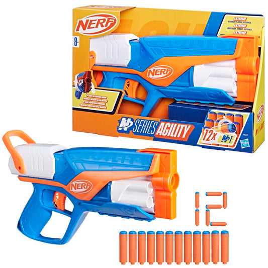 Blaster Nerf N Series Agility, construcție ușoară cu tambur rotativ și glisieră pentru o rază lungă de acțiune, 12 săgeți Nerf, pentru băieți și fete.
