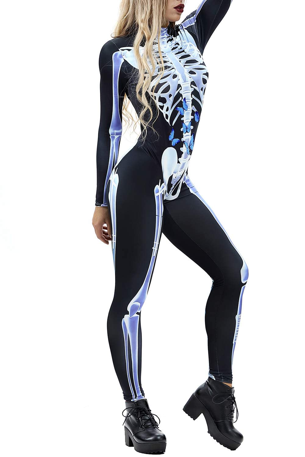 NEWUPZSI Salopeta Schelet Halloween, maneci lungi