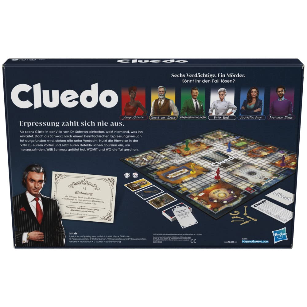 Hasbro Gaming Cluedo Joc de societate pentru copii de la 8 ani, joc de detectiv și mister pentru 2 până la 6 jucători