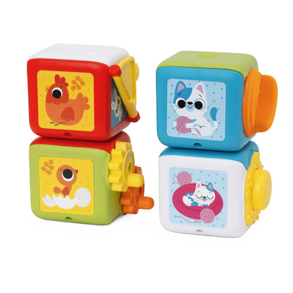 Cub multifuncțional 2 în 1 Chicco, set cu 4 blocuri colorate de animale, stivuite pentru distracție senzorială, activități manuale și logice, jucărie pentru copii 10-36 luni.