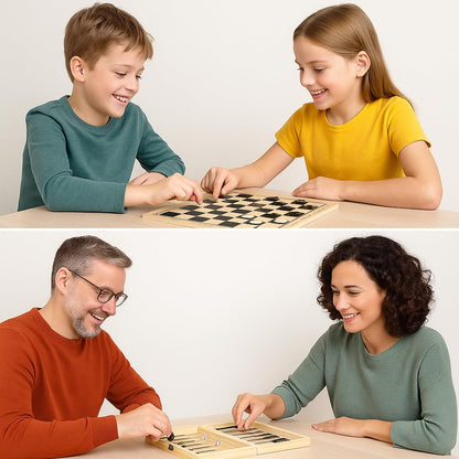 Globly Set Șah Dame Backgammon 3 în 1, lemn pliabil