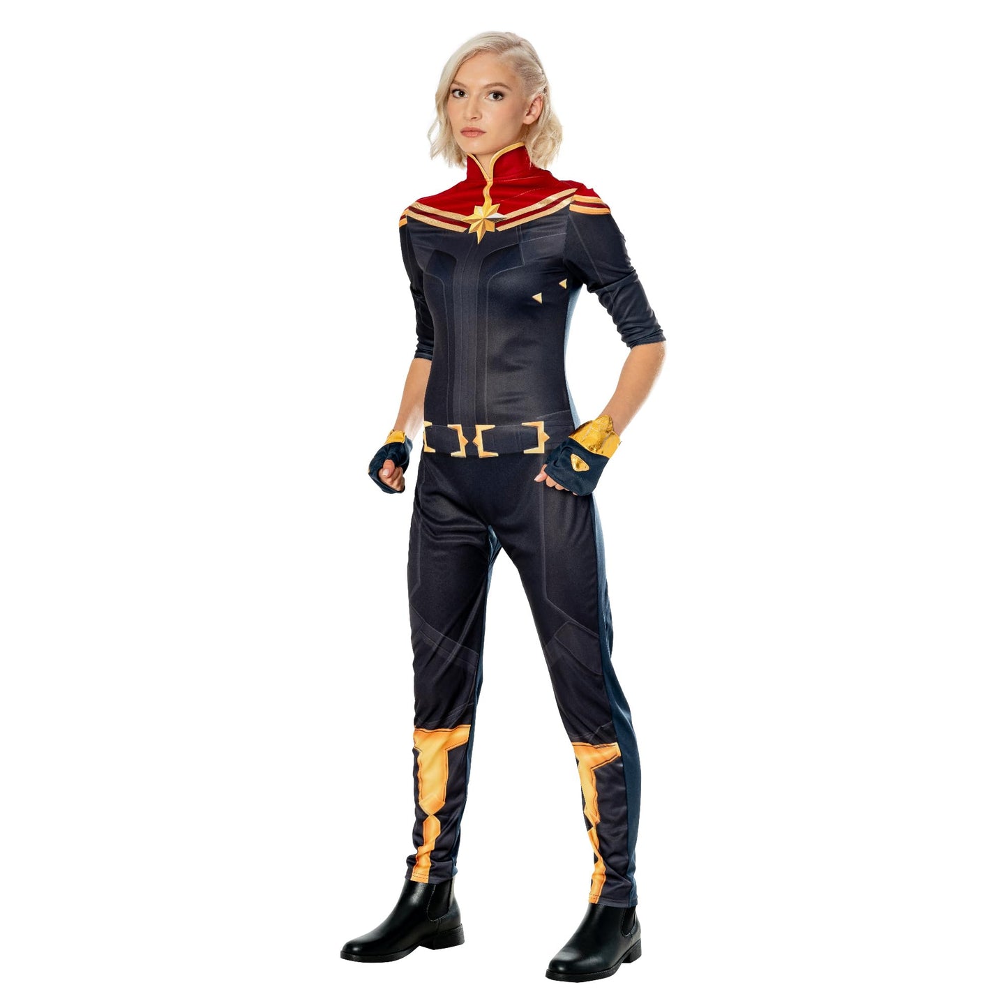 Rubies Marvel Captain Marvel Costum pentru femei Jumpsuit și 2 manșete oficial Marvel pentru carnaval Crăciun petreceri Halloween L 44-46