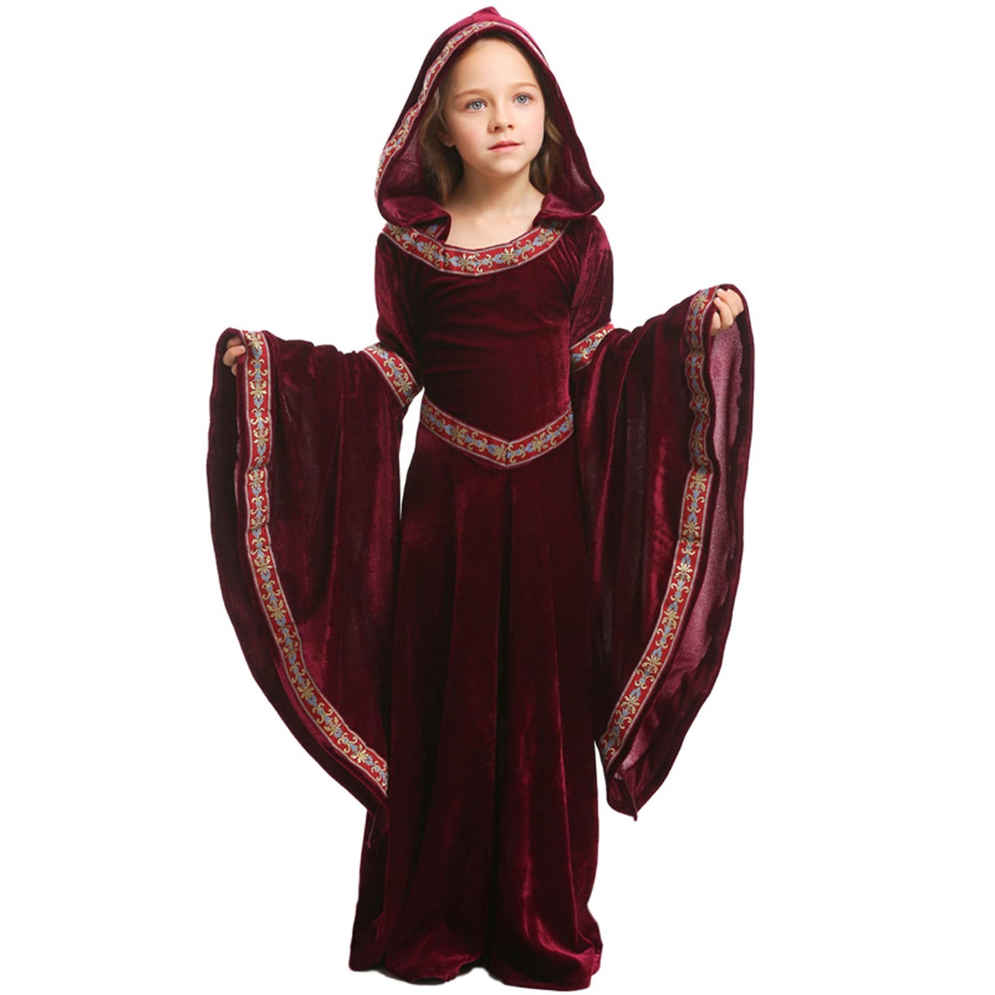 Costum Feynman pentru fete - Rochie medievală de prințesă, stil renascentist, pentru Halloween, roșu vin