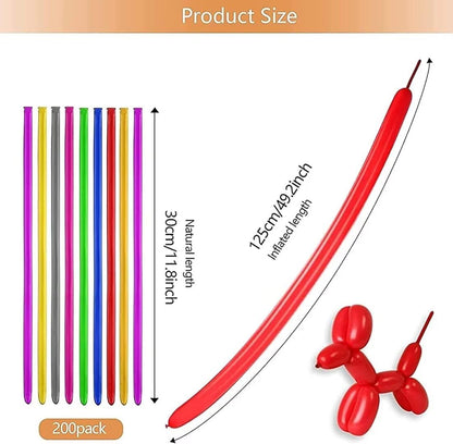 HELOVGE 200 bucăți Set de baloane modelatoare lungi colorate din latex elastic pentru petreceri și nunți