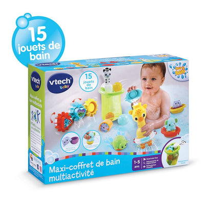 VTech Maxi-Badeset Set de joacă pentru baie cu 15 jucării, animale și bărci, 3 forme, 3 mingi, plasă de depozitare, cadou pentru copii de la 1 an (limba franceză)