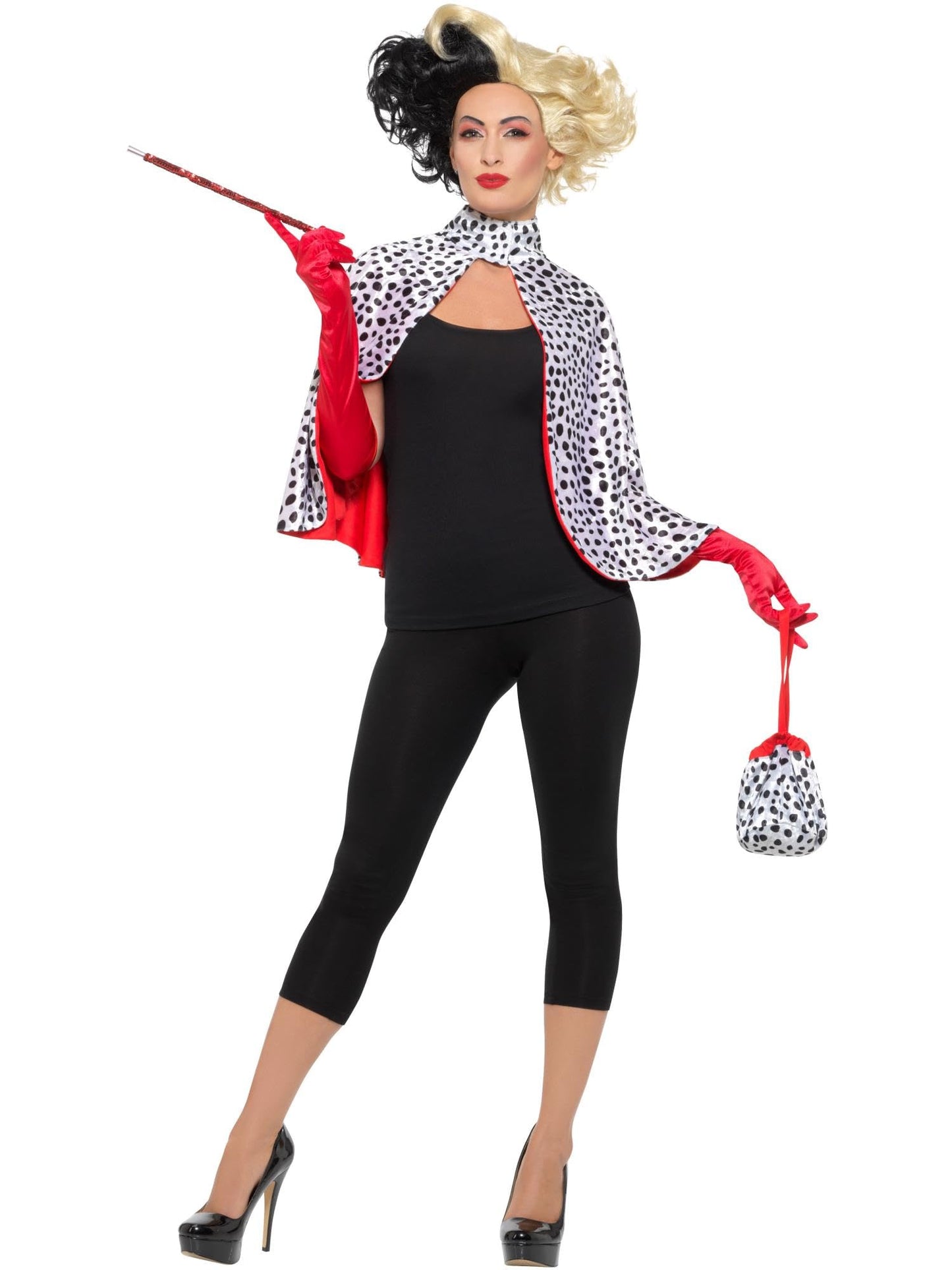 Smiffys Deluxe Costum Halloween Cruella Deville cu Pelerină, Geantă, Mănuși și Țigareta, Mărime Unică