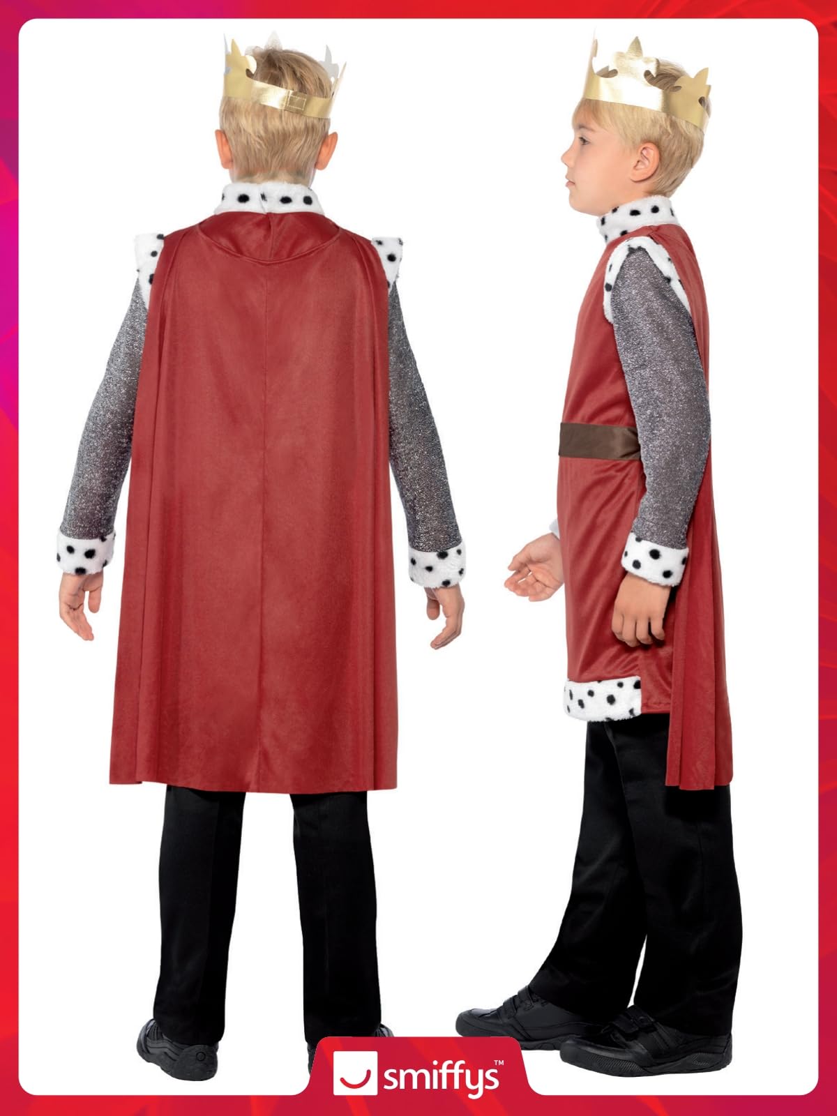 Costum de Rege Arthur Smiffys, roșu, cu mantie, coroana și tunică cu blazon