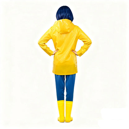 animacoser coraline Costum de damă cu pelerină galbenă de ploaie și pantaloni albaștri pentru carnaval și Halloween