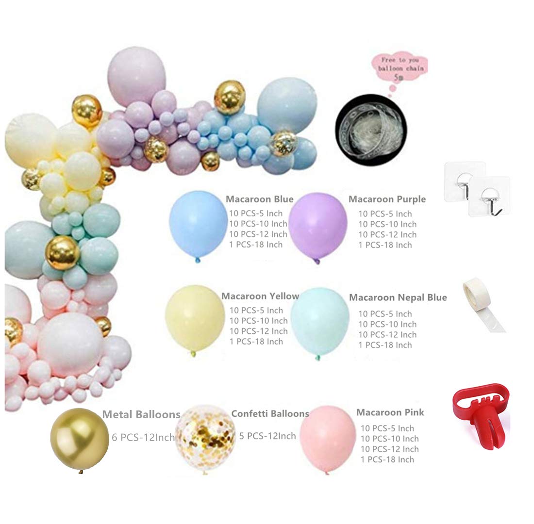 Banyeyun BNYPP Set de baloane pastelate 171 piese, arc de baloane curcubeu, culori macaron, latex, 5, 10, 12, 18 inch, petrecere copii, nuntă, unicorn, sirenă