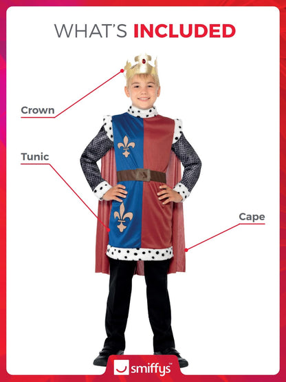 Costum de Rege Arthur Smiffys, roșu, cu mantie, coroana și tunică cu blazon