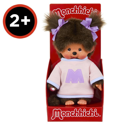 BANDAI - Monchhichi - Figurina din pluș Monchhichi cu hanorac M - Iconic Monchhichi din anii '80 - Pluș 20 cm pentru copii - Hanorac cu litera M - Jucărie pentru copii de la 2 ani - SE203956