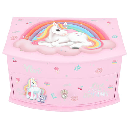 Depesche 13203 Ylvi - Cutie mică pentru bijuterii roz, cu motiv de unicorn și model, cutie de bijuterii cu capac pliabil și oglindă