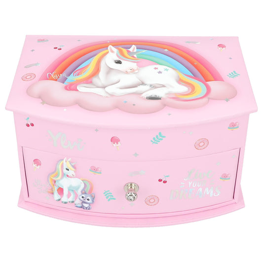 Depesche 13203 Ylvi - Cutie mică pentru bijuterii roz, cu motiv de unicorn și model, cutie de bijuterii cu capac pliabil și oglindă