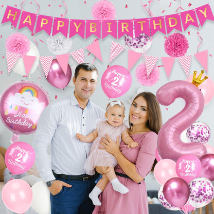 TOYTOPIE Set decoratiuni petrecere aniversare 2 ani cu balon folie roz numărul 2, panglică La mulți ani și pompoane de hârtie pentru fete