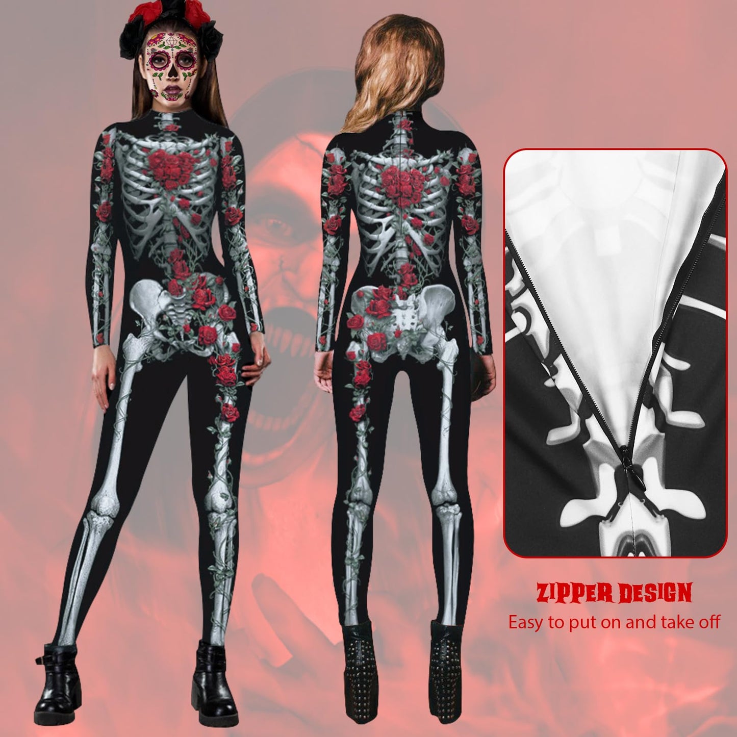 Antsparty Costum schelet Halloween femei cu coroană, tatuaje