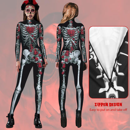 Antsparty Costum schelet Halloween femei cu coroană, tatuaje