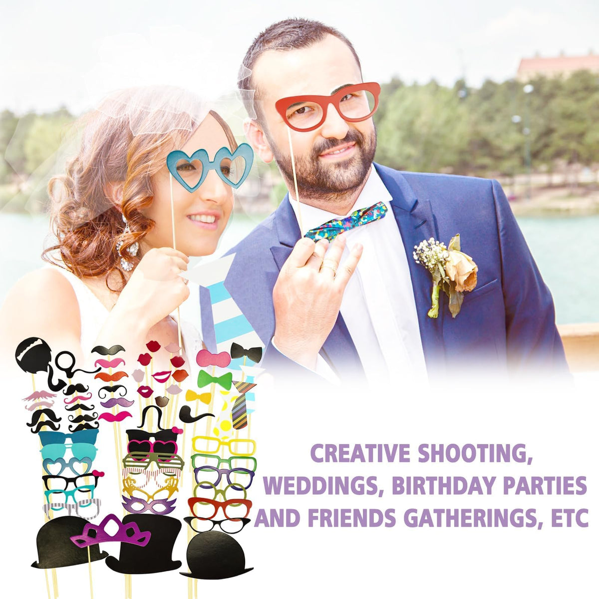Yuio Set de accesorii foto 58 piese mustăți buze ochelari cravată pălării bărbi pentru cabine foto