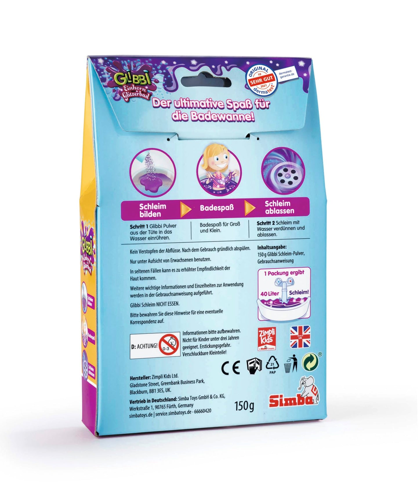 Simba Glibbi Einhorn Set de joacă pentru baie cu sclipici lila – Pulbere non-toxică și prietenoasă cu pielea, Distracție cu slime pentru baie cu efect sclipitor, pentru copii de la 3 ani